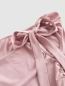Camiseta rosa con hombros descubiertos y pliegues con decoración de lazo, adecuada para citas, fiestas, estética femenina, brunch, mujeres para Año Nuevo, vacaciones, vestimenta occidental para mujer, playa, ropa de oficina, Día de San Valentín - Rosa - Ver 3