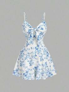Mono de mujer de moda con lazo decorativo y tirantes en unicolor - Azul y blanco - Ver 2