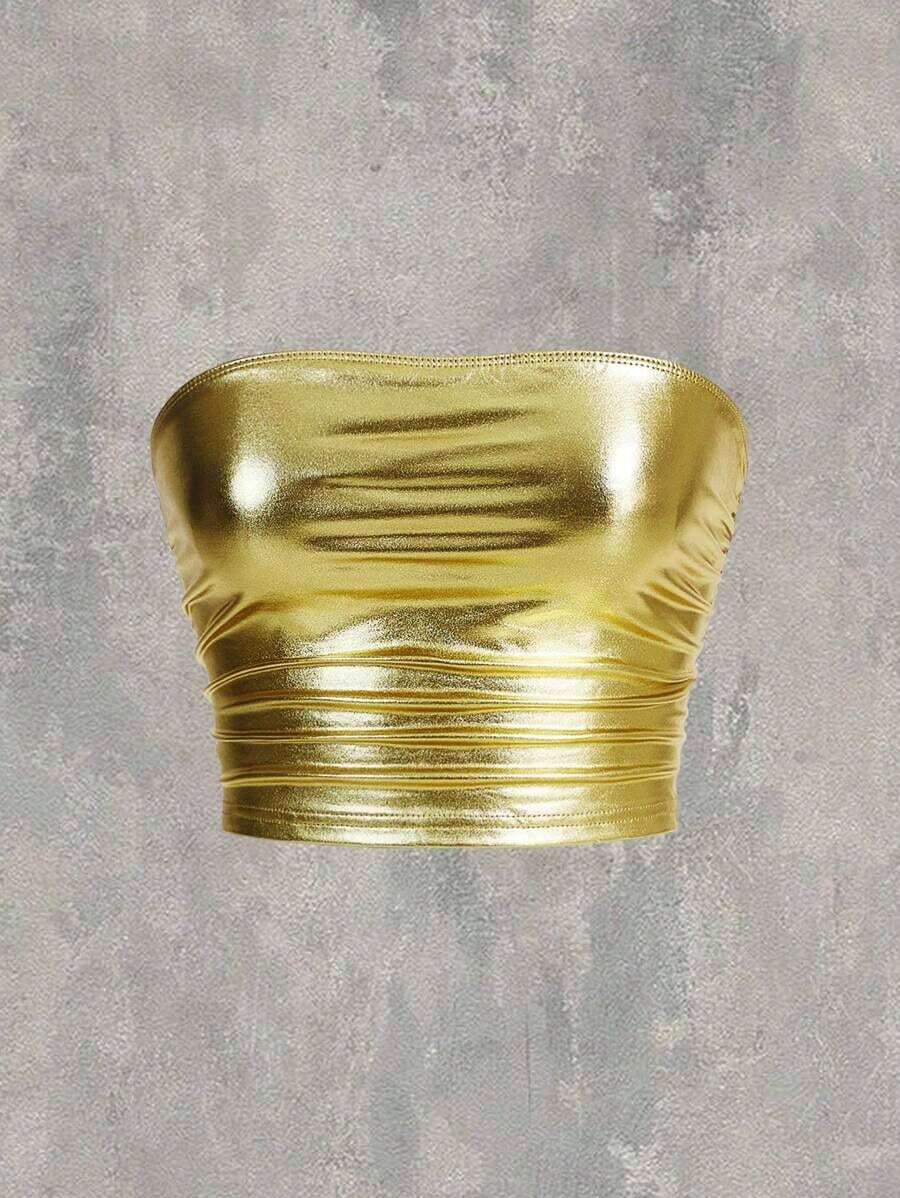 Top sin tirantes negro de punto para mujer, top liso negro casual con pliegues y ajustado para mujer, uso diario casual de primavera/verano - Dorado - Ver 1