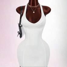 Y2K Sexy  Women's Solid Color Deep V-Neck Sexy Backless Mini Dress Summer Dresses For Women Spring Outfit Women Valentine Outfits For Women Party Dress Racerback Open Backless Sleeveless V-Neck Heart-Shaped Bust Mini Bodycon Dress Sexy Curve Dress White Sexy Dress Women Built In Bra Dress White Club Dress White Bodycon Dress - Blanco - Ver 10