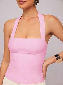 Camiseta de mujer de unicolor con cuello de halter ajustado - Rosa Pálido - Ver 3