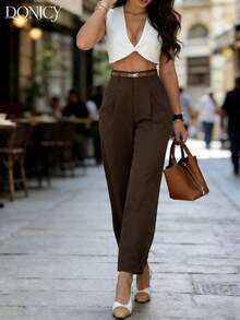 anchos de mujer de color beige sólido, pantalones largos plisados de tela texturizada elegante, adecuados para la oficina y el uso casual en primavera/verano.Cinturón no incluido. - Café integral - Ver 4