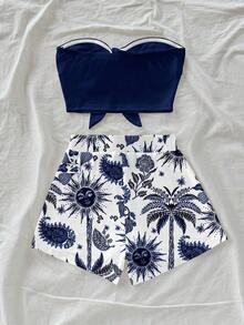 Conjunto de 2 piezas con estampado de árbol de coco y flor de diosa del sol para vacaciones en la isla, adecuado para vacaciones, verano, elegante - Multicolor - Ver 2