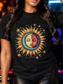 ¡Oferta por tiempo limitado, unidades limitadas,  relámpago! Camisas casuales para mujer, camisetas de poliéster para mujer, camisas elegantes. ,Camiseta de mujer con estampado de mandala y luna, cuello redondo, estilo bohemio y ligero, ideal para fiestas o regalos, lavable a máquina y perfecta para cualquier época del año. - Negro - Ver 3