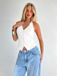 Top halter con cuello en U sexy y diseño abierto en la espalda para mujeres - Blanco - Ver 4
