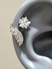 1 Set ( + Sayap Kanan) Anting Tulang Rawan Sayap Malaikat, Anting Stud Bintang Zirkonia Berkilau Unik dan Indah, Perhiasan Tindik Telinga - Anting Tusuk Tulang Telinga Bintang Bersayap - View 7