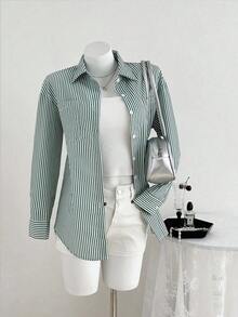 Blusa de mujer de manga larga con hombros caídos y rayas, Blusas de manga larga - Verde - Ver 8