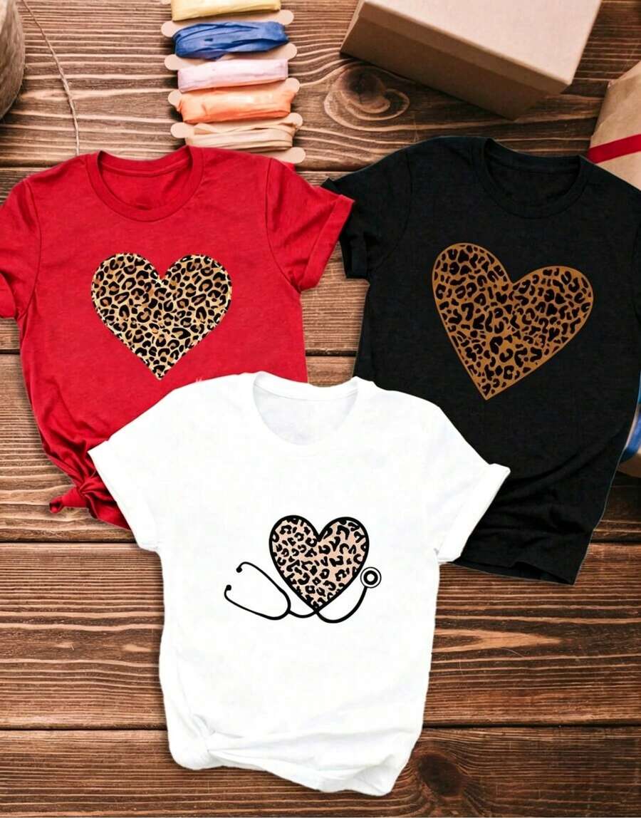 Single Garment, Not A 3-Piece Set, 1 Piece/Set Of Short-Sleeved T-Shirts Suitable For Streetwear, Oversized Round Neck Top For Daily Outings, Camping, Concerts, Hip-Hop, Rock, And Rap Events. Women's T-Shirt, Casual Short-Sleeved T-Shirt For Women, Leopard Print Stethoscope And Heart T-Shirt, Women's Short-Sleeved Round Neck T-Shirt, Breathable Pure Cotton Casual Sports Top, Gift For Holidays, Spring, Butterfly, Easter. - 白色 - 查看 1