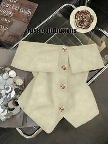 Blusa roja de mujer con hombros descubiertos y cuello, con botones dorados con rosas, ajustada y sexy, perfecta para el Día de San Valentín, elegante para fiestas/cumpleaños, Día de San Valentín, fiestas casuales y atuendo de viaje - Albaricoque - Ver 1