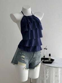 Blusa casual de mujer con cuello de volantes en capas de unicolor - Azul marino - Ver 3