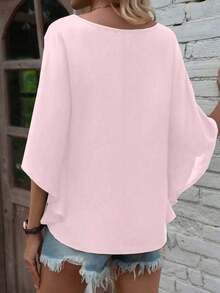Camisa de manga de murciélago de unicolor casual, verano - Rosa Pálido - Ver 2
