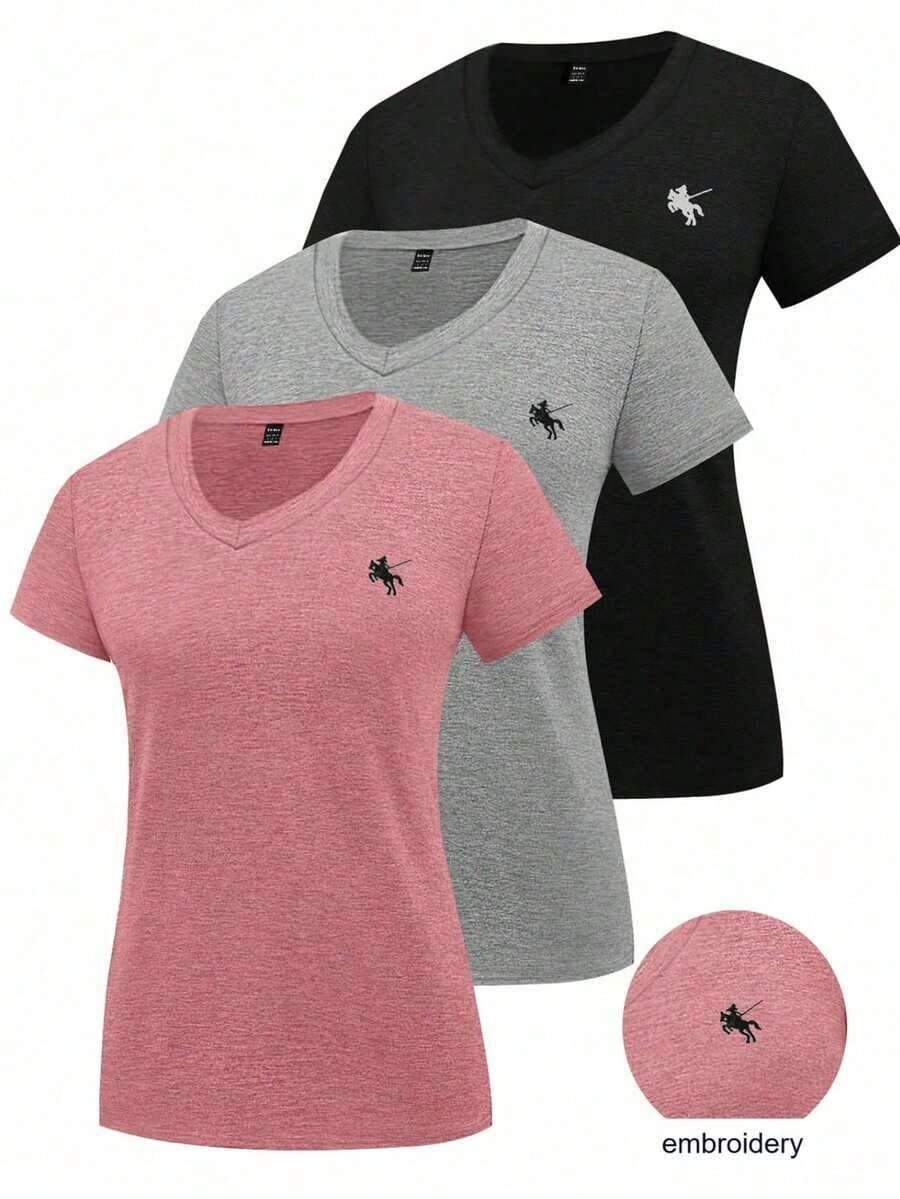 Camiseta de cuello redondo casual de mujer con bordado de animal caballo - Multicolor 4 - Ver 1
