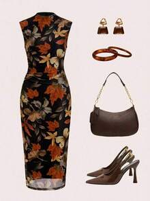 Vestido elegante de longitud media con pliegues y estampado de lunares para mujer - Marrón 2 - Ver 6