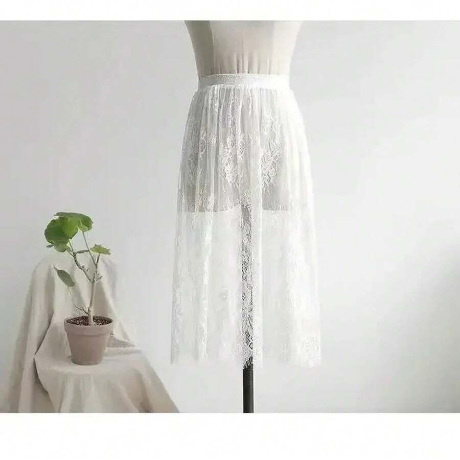 Elegant Black Skirt In 2 Lengths, Long Sheer Tulle Skirt With White Lace, High-Waisted Elastic Midi Beach Skirt, Drop Shipping - 白色 60厘米 - 查看 1