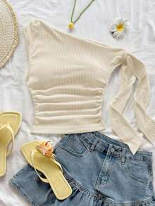 Blusa ajustada de cuello asimétrico con volantes y lazada, en color amarillo pálido, apta para fiesta, vacaciones, festival de música, estilo bohemio, citas y té de la tarde - Beis - Ver 3