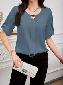 Clasi Blusa casual sencilla para uso diario con cuello redondo, manga corta y botones delanteros para mujer - Niebla azul - Ver 5
