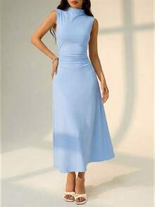 Vestido maxi de línea A con cuello mao, sin mangas, fruncido, color blanco, nuevo para el Día de San Valentín.Elegante y romántico atuendo para citas y trabajo, vestidos de verano para mujer - Celeste - Ver 5