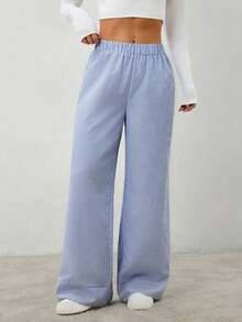 Pantalones casuales de pierna ancha a rayas para mujeres para ir al trabajo - Azul marino - Ver 3