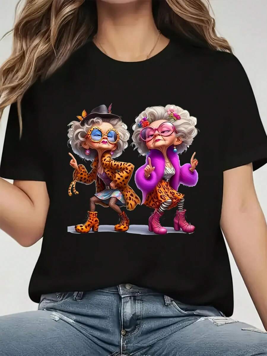 Camiseta de moda con estampado de abuela, diseño único, festival, regalo, camiseta deportiva casual de cuello redondo para mujer, cómoda para las cuatro estaciones, ropa elegante para mujer, ropa barata y linda para mujer, ropa para mujeres curvas, disfraces de máscarada, disfraces - Negro - Ver 1