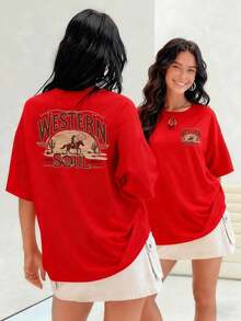 Cowboy galopando bajo el sol del desierto con cactus y montañas camiseta de mujer 100% algodón que representa la libertad y aventura del espíritu vaquero para damas.Suitable for spring, summer and autumn - Rojo - Ver 7