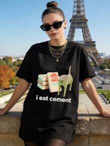 Ropa de verano para mujer, camiseta de algodón suave y casual con cuello redondo, estampado con la frase "I Eat Cement" y un gato. Blanco. - Negro - Ver 4