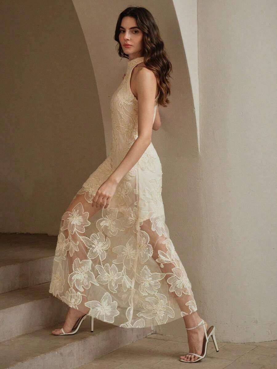Vestido de fiesta elegante sin mangas con cuello alto y bordado floral 3D de - Albaricoque - Ver 1