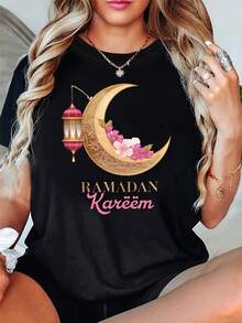 Camiseta de Tema Ramadán para Mujer |   Luna Dorada, Linterna, Flor y Decoración de Slogan, Manga Corta Casual, Top de Celebración Festiva de Ramadán de Lujo Dorado-Rosa - Negro - Ver 6
