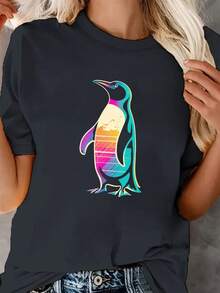 Penguin Print T-Shirt, Casual Short Sleeve Round Neck T-Shirt For Spring And Summer, Women's Clothing, A Very Distinctive Printed T-Shirt / Unisex Style / Suitable For Both Men And Women / Wrinkle Resistant / Breathable. - 黑色 - 查看 7