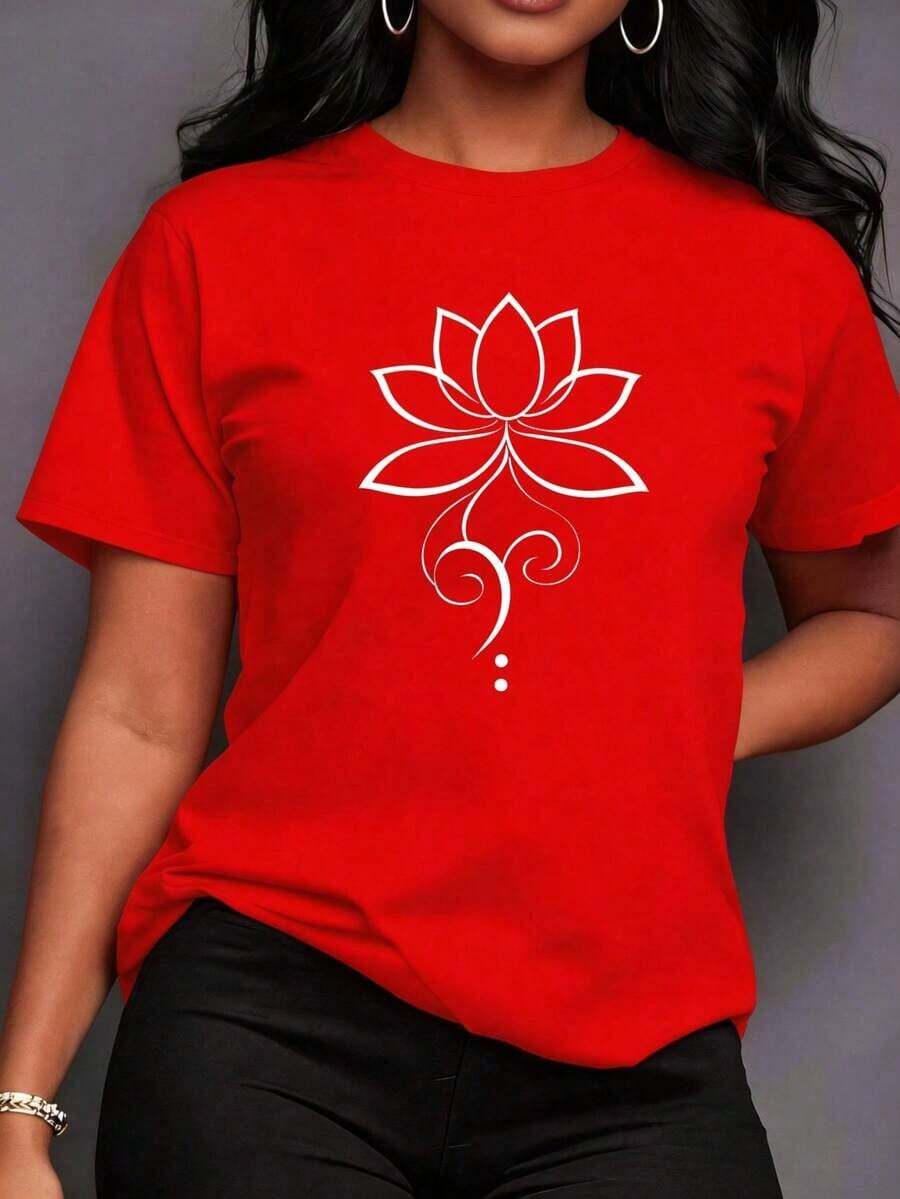 Women's Summer LooseTop, Casual Short Sleeve T-Shirt With Magnolia Flower Print Design, Everyday Casual Wear, Lightweight And Breathable Fabric, Casual Top For Women | RADCBasic Women's Basic Tops Women's Cotton Crew Neck T-Shirt - 紅色的 - 查看 1
