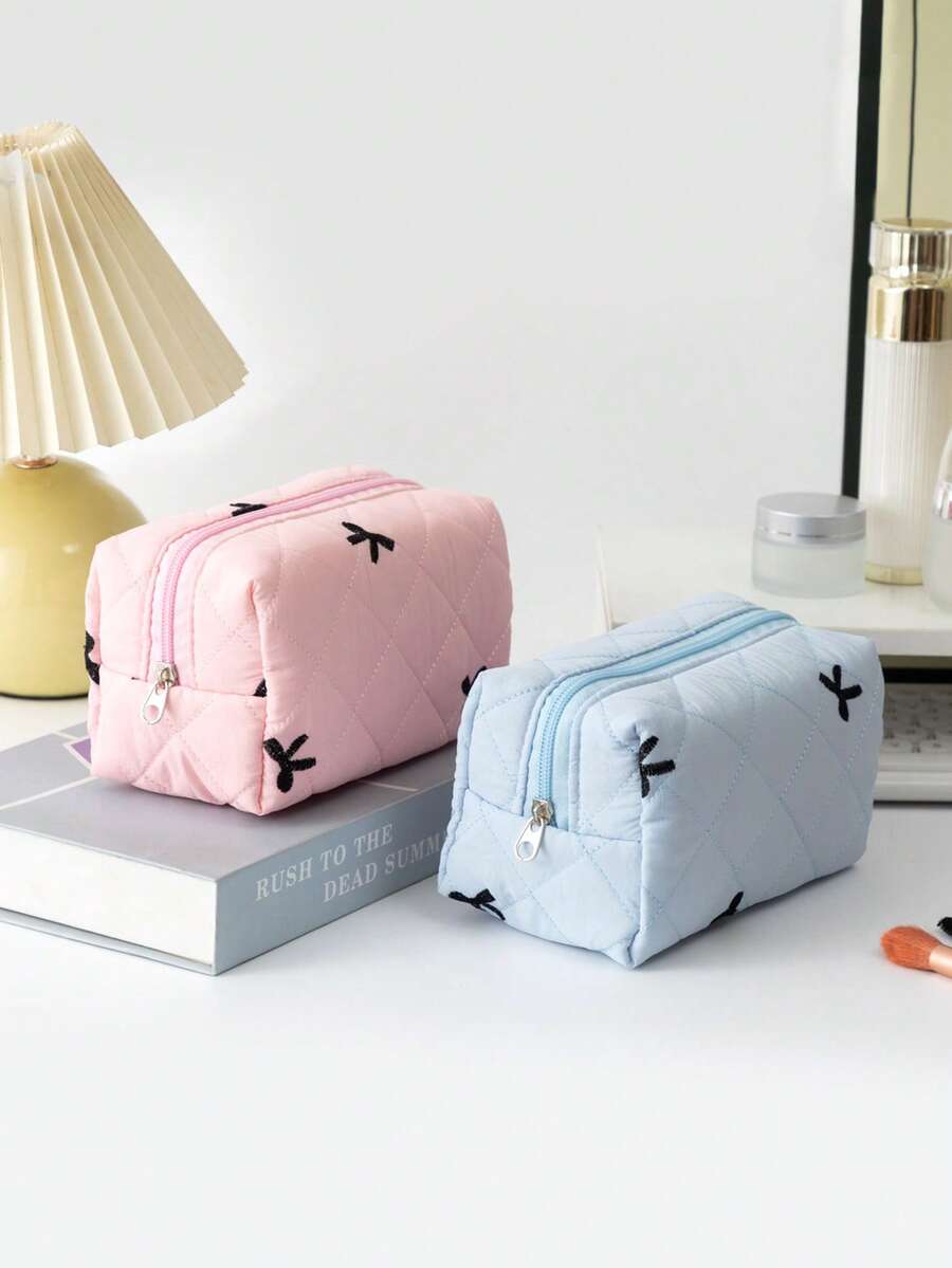 Hộp bút chần bông kiểu retro đơn giản với nơ, túi đựng văn phòng phẩm dung tích lớn sáng tạo, vật dụng thiết yếu để đựng đồ dùng hàng ngày và đồ lặt vặt trên bàn làm việc. - Mảnh duy nhất - Xem 1