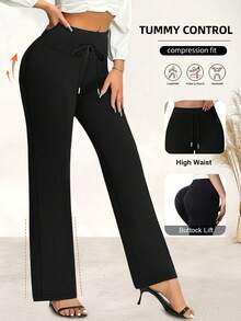 Comfortable Casual Solid Color Knit Drawstring Wide Leg Pants, Women's Sports Pants Wide Leg Flare Pants, Loose Leg Flare Pants Wide Leg Pants, Spring/Summer New Arrival Black - Black - View 2