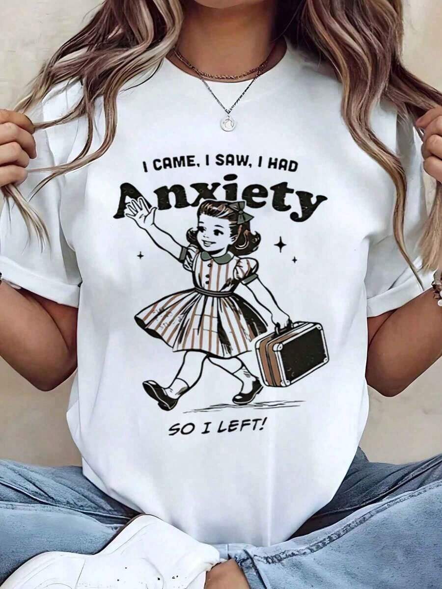 Designed For Modern, Stylish, And Comfortable Women. Women's T-Shirt With A Dorothy Suitcase Print: "I Came, I Saw, I Was Anxious, So I Left." Crew Neck, Casual Style, Ideal For Gifting, 220 G. Made With Premium Soft And Breathable Fabric, Designed For All-Day Comfort And Versatile Everyday Wear, Perfect For Casual Outings. - 白色 - 查看 1