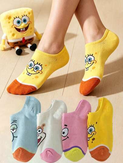 SpongeBob SquarePants 4 Pairs Women's Spring/Summer Cartoon Ankle Socks, Thin Fashionable Versatile Socks, Vibrant Colors, Casual & Sports Wear