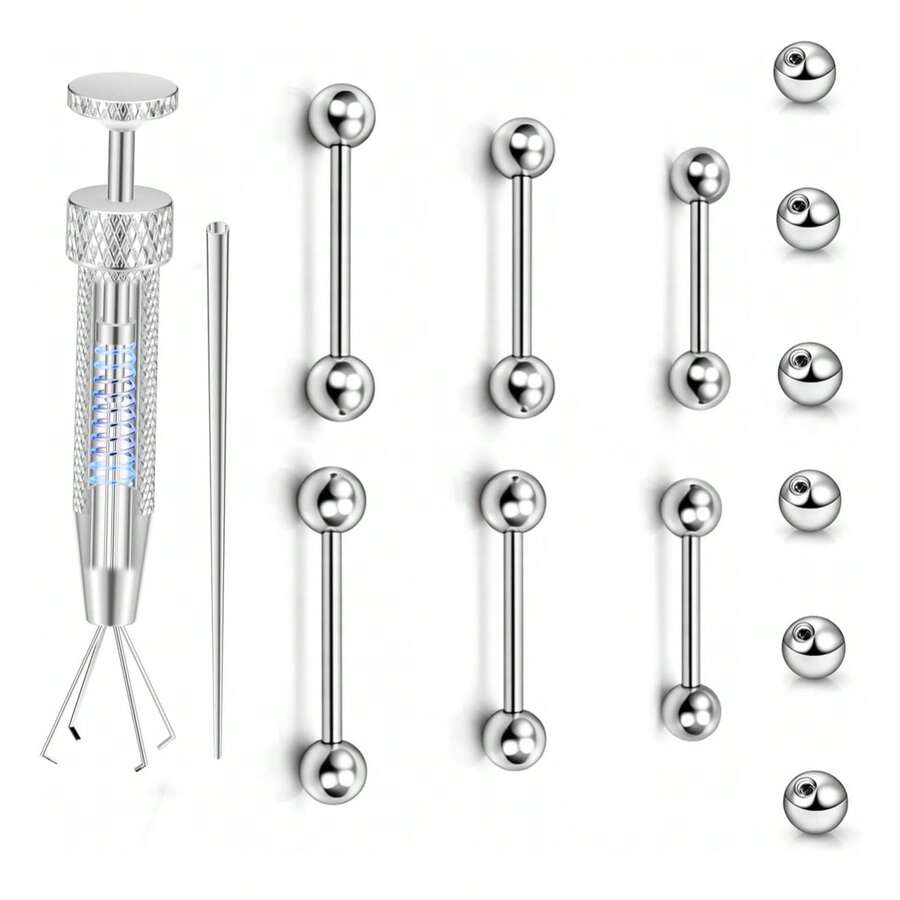 14G 舌環套組，12mm/14mm/16mm 外科鋼舌槓鈴飾品 (6件裝)，外螺紋附插入錐形器與球抓取器，含 5mm & 6mm 替換球