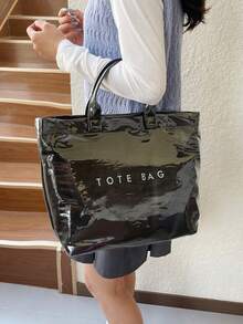 Letter Print Large Capacity PVC Transparent Tote Bag, Fashion Beach Vacation Handbag For Women - Black - View 3