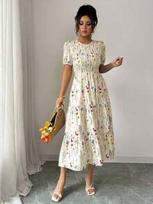 Elegante vestido de mujer con estampado floral de resort, cintura ceñida con múltiples capas y parches - Multicolor - Ver 10