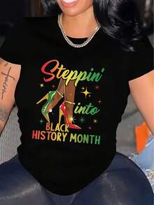 Women's Plus Size Black History Month Print T-Shirt - Featuring A Black History Month Print, African-Inspired Patterns, A Loose Fit, A Casual Crew Neck, And A Breathable Top, This Clothing Expresses Cultural Pride And Is Comfortable And Durable For All Seasons. -- Lightweight, Breathable, And Relaxed Cotton T-Shirt. - 黑色 - 查看 11