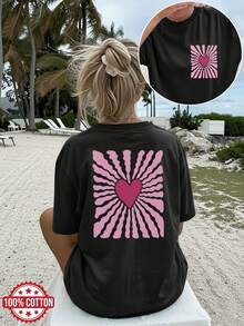 Camiseta de edición limitada con estampado gráfico, hombros caídos, manga corta, cuello redondo, estilo casual para primavera y verano, ropa de mujer, algodón ligero. - Negro - Ver 1