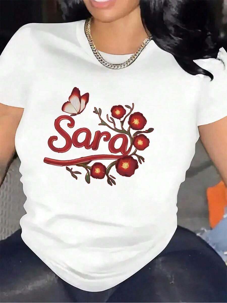VintageCamiseta De Manga Corta Para Mujer, 100% Poliéster, Con Bordado Del Nombre Sara Y Diseño De Flores Rojas Y Mariposas, Ligera Y Duradera, Ideal Para Uso Casual En Casa O En RestaurantesWomen's Casual Short Sleeve T-Shirt Solid Color Basic Tee TopGraphic Tee - Blanco - Ver 1