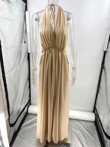 Vestido largo de fiesta plisado cuello V profundo halter espalda descubierta elegante moda verano para mujer - Albaricoque - Ver 8