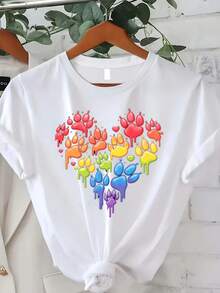 Plus Size T-Shirt With Round Neck, 100% Colorful With Rainbow Paw Print, Casual And Fashionable Style, Ideal For Pet Lovers, Suitable For Women's Clothing In Spring And Summer, Mother's Day/Memorial Day/June 16th Day, Sizes 0XL-4XL. - 2件套裝款式2 - 查看 11