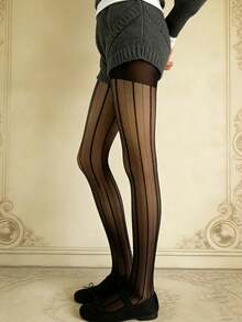 1pc Sheer Lace Striped Pantyhose, Elegant Polka Dot Line Pattern, Semi-Transparent Tights - Multicolor - View 7