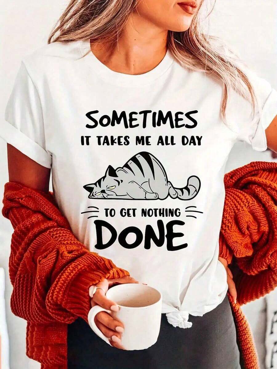 Camiseta Casual de Mujer con Estampado de Gato, Manga Corta, Cuello Redondo, Blusa con Lindos Patrones de Gatitos y Atigrados, Ropa Casual de Primavera-Verano, Lavable a Mano, Top para Amantes de los Gatos (-) Camiseta Casual de Mujer, Talla Estándar, Transpirable, Ligera, Manga Corta - Blanco - Ver 1