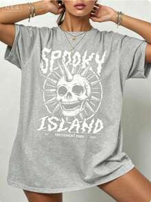 Gothic Punk Cotton T-Shirt,Spooky Island Skull Graphic Tee,Womens Street Concert Summer Top,Short Sleeve,Dark Aesthetic,Y2K Style,Edgy Fashion - 灰色 - 查看 9