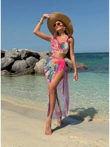 Nuevo y sensual traje de baño de tres piezas con estampado floral en bloques de color y falda larga de malla para playa. - Rosa Fucsia - Ver 8