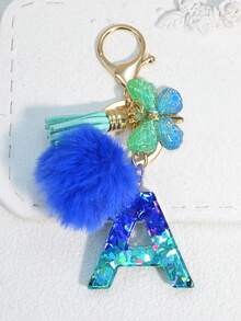 1pc Blue Heart Letter Keychain With Butterfly & Flower Decor, Women Bag Charm, Gift Keyring With Pom Pom - Royal Blue - View 29