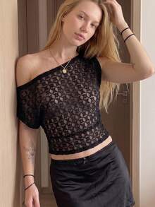 Women Sheer Off Shoulder Tops Slim Fit Flower Pattern Sleeveless Crop Shirts For Summer Going Out Party Club - Black - View 4