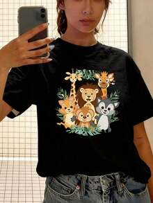 Women's Loose-Fitting Black T-Shirt With Cartoon Animal Print, Casual Loose-Fit Top With Jungle-Themed Graphic Design Featuring A Giraffe, Lion, Monkey, Fox, And Deer. Basic Cotton Crew Neck T-Shirt For Women. - 黑色 - 查看 1