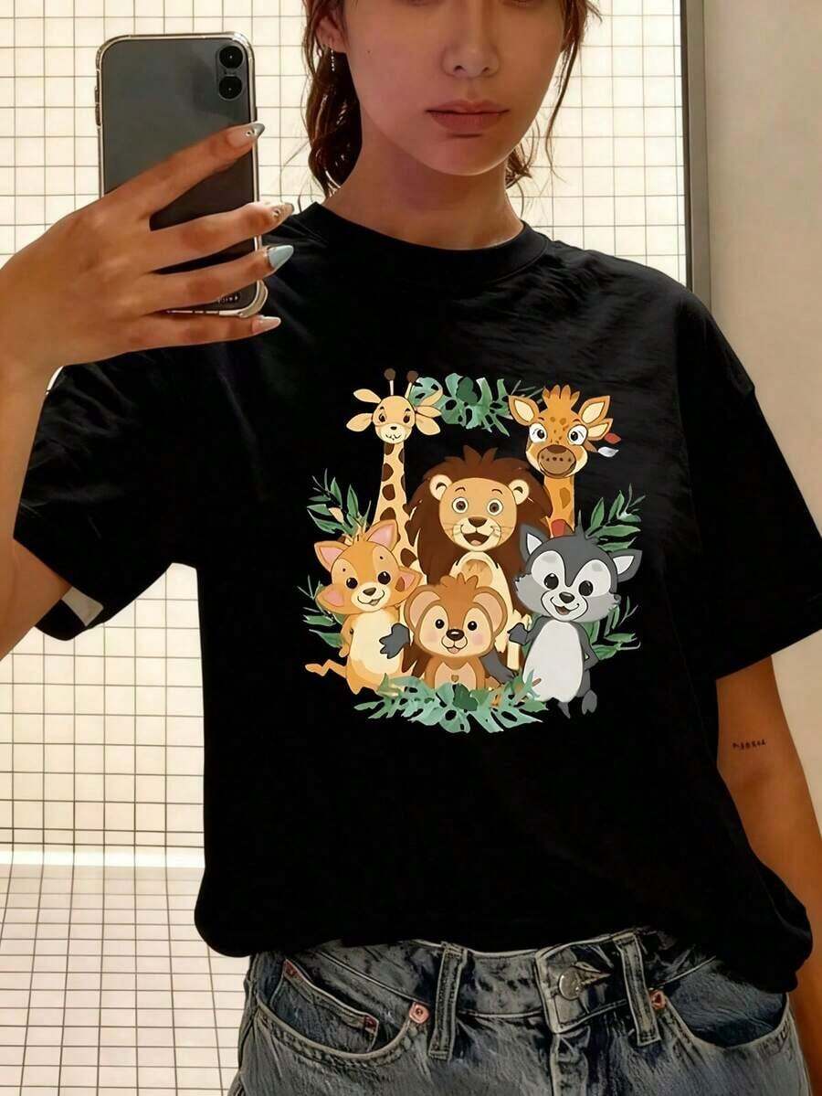 Women's Loose-Fitting Black T-Shirt With Cartoon Animal Print, Casual Loose-Fit Top With Jungle-Themed Graphic Design Featuring A Giraffe, Lion, Monkey, Fox, And Deer. Basic Cotton Crew Neck T-Shirt For Women. - 黑色 - 查看 1