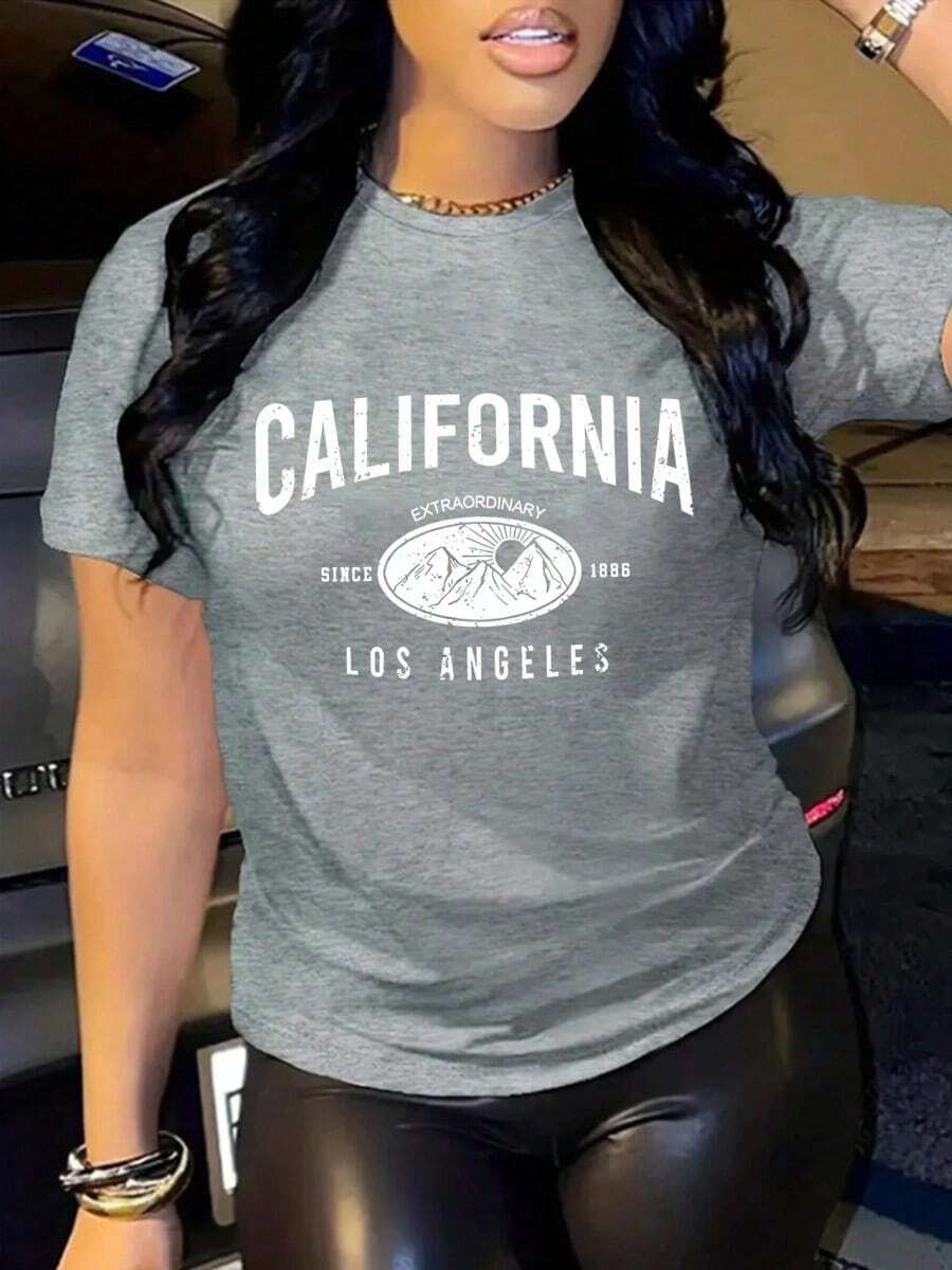Women's Loose-Fitting Casual T-Shirt With CALIFORNIA LOS ANGELES Print, Ideal For Sports, Outdoor Activities And Everyday Wear. - 灰色 - 查看 1